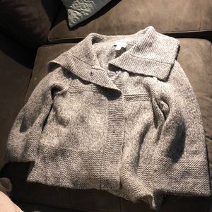 Grey, cowl neck, snap button sweater. 3/4 sleeve